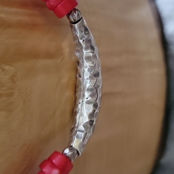 Red Coral Necklace With .925 silver Hammered Hardware and Closure.  17" length - Picture 4 of 11